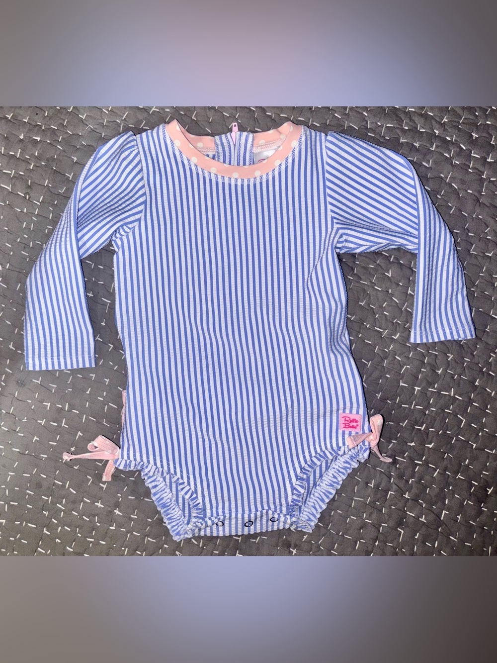 Ruffle Butts Blue and White Striped Long-Sleeve One-Piece with Pink Trim
